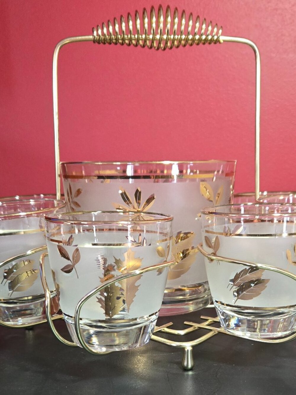 Libbey Gold Foliage Frosted Rock Glasses, Ice Bucket & Carrier 10 Pieces MCM 60s